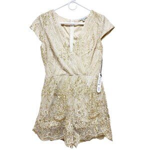 Sequin Womens Embellished Cream & Gold Short Sleeve Romper By Story On - Size S